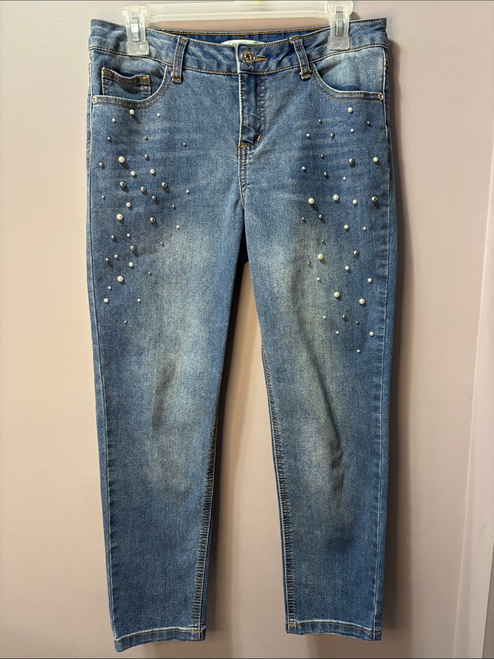 Cleo Petites "Every Body" Embellished Pearl Faux-Gem Blue Jeans Size 6